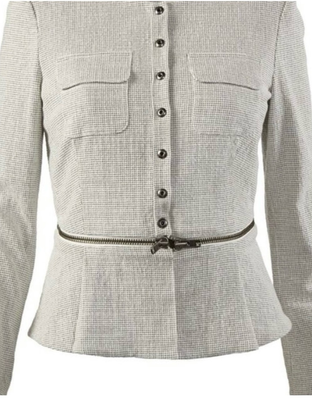 Cabi NWOT Size 4 Women’s Light Gray Textured Peplum Jacket with Waist Zip Detail